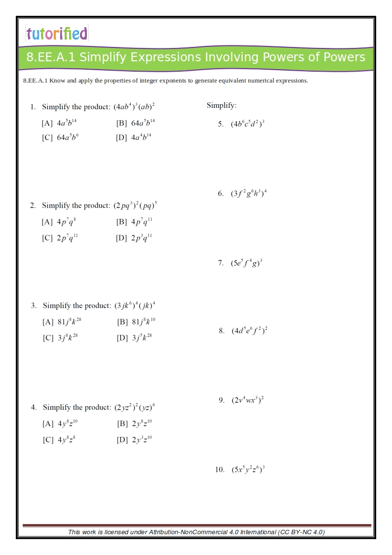 Pre-AP Algebra 22 Practice Test & PDF Worksheets Within Simplifying Exponential Expressions Worksheet