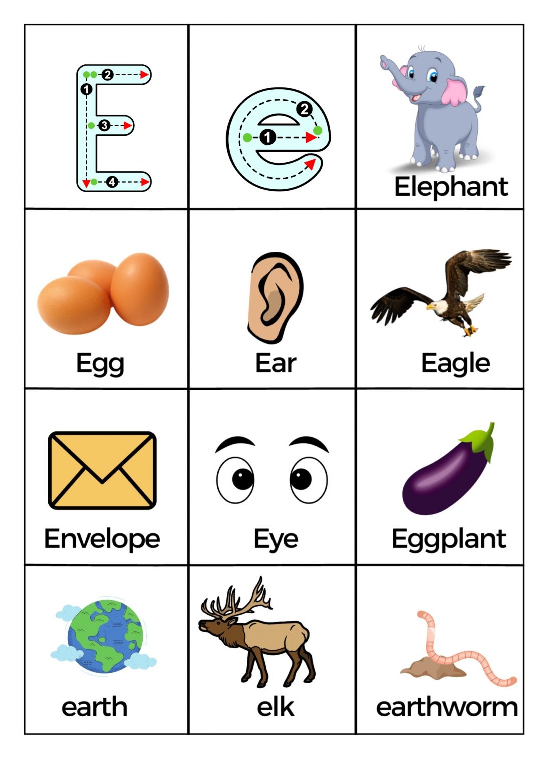 Free Letter E Pictures Worksheets Printable PDF