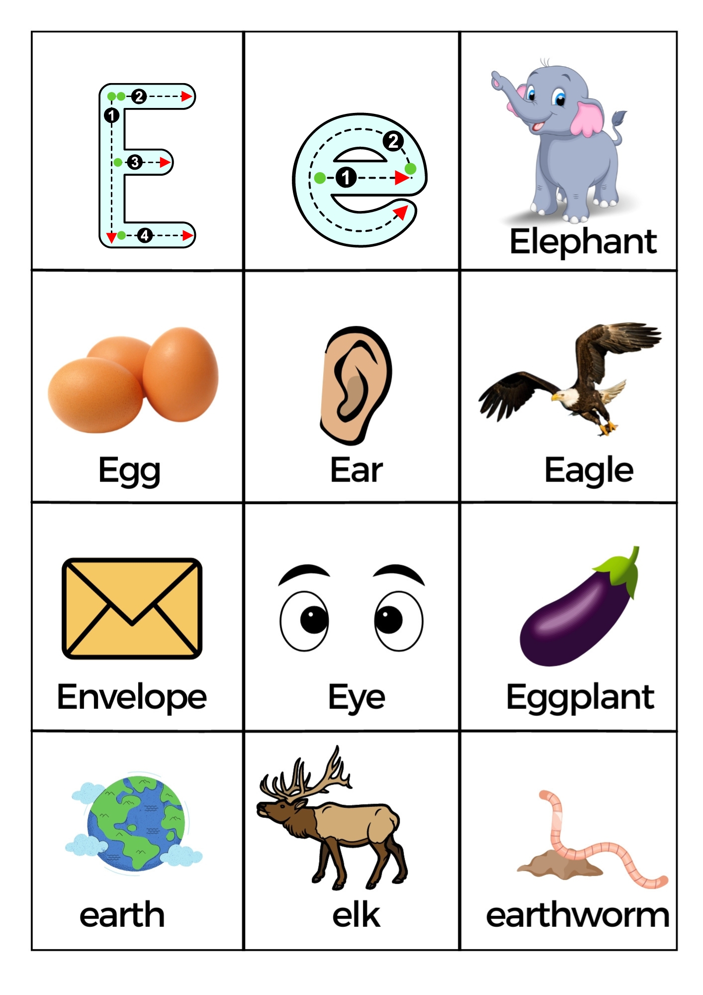 Free Letter E Pictures Worksheets Printable PDF